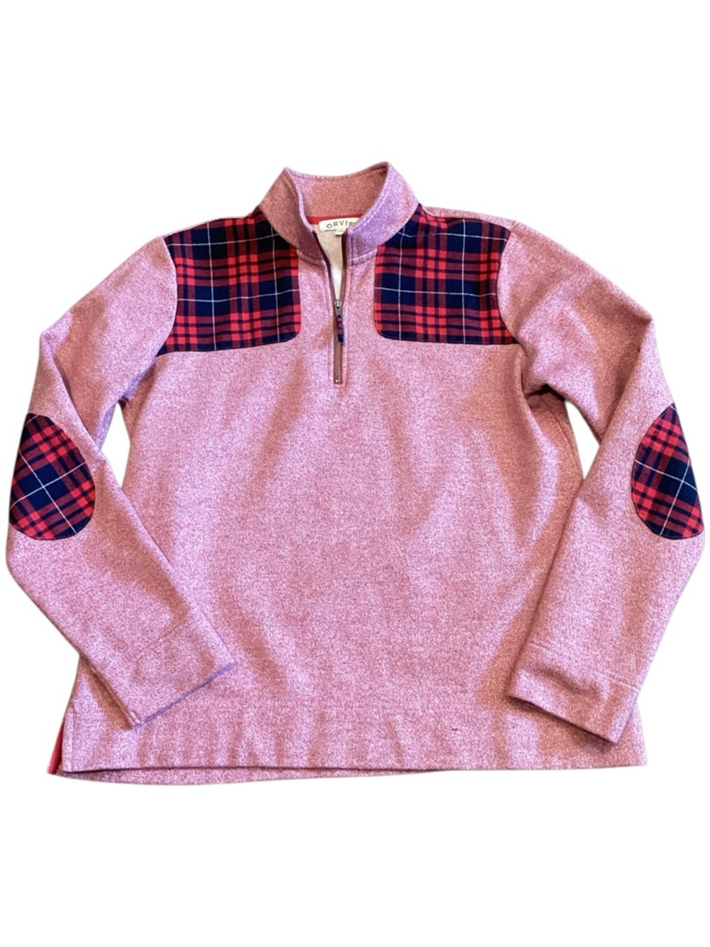 Orvis Pink Quarter Zip Pullover Plaid Trim Cozy Sweatshirt Size Small‎